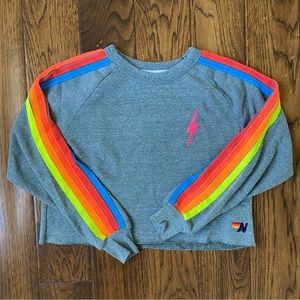 AVIATOR NATION BOLT STICH CROPPED HOODIE // HEATHER GRAY WITH NEON 5 STRIPE